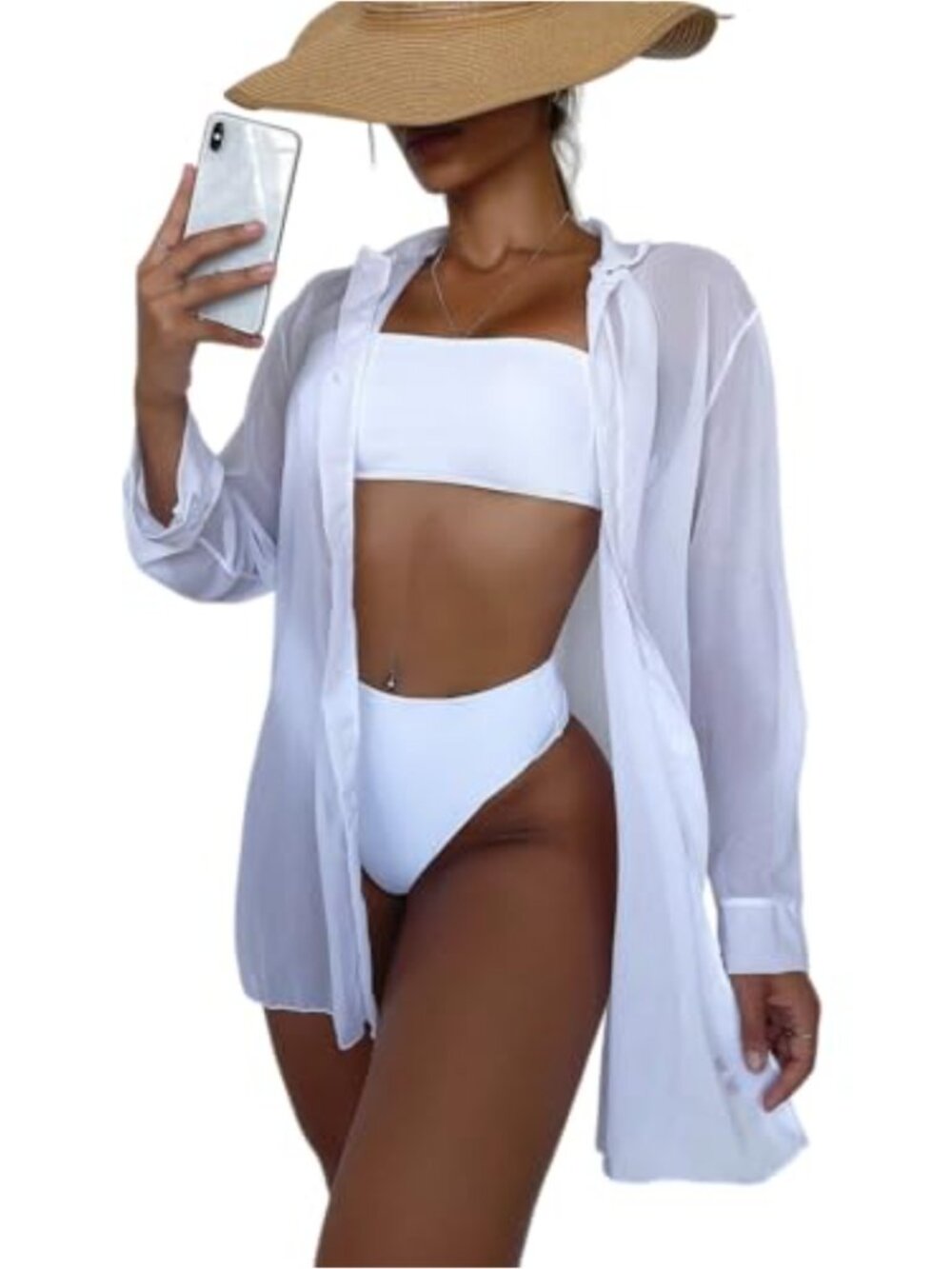 Sheer Button Up Long Sleeve Beach Kimono Cover Up Shirt